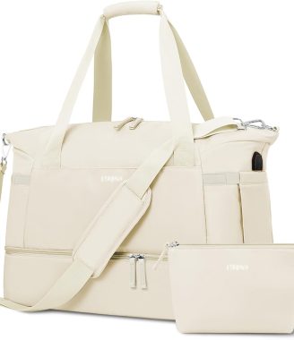 Gym Bag for Women, Personal Item Travel Bag with Shoes Compartment, Weekender Overnight Duffel Bag with Wet Pocket & USB Charging Port, Carry On Bag for Women, Travel, Gym, Weekend (Beige)