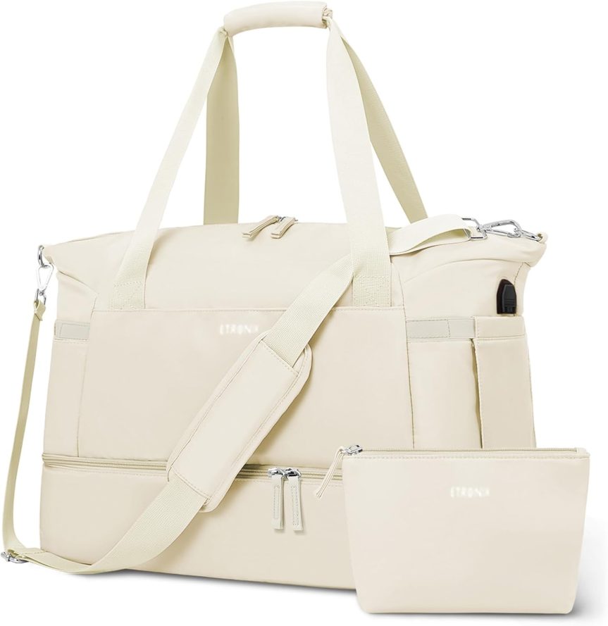 Gym Bag for Women, Personal Item Travel Bag with Shoes Compartment, Weekender Overnight Duffel Bag with Wet Pocket & USB Charging Port, Carry On Bag for Women, Travel, Gym, Weekend (Beige)