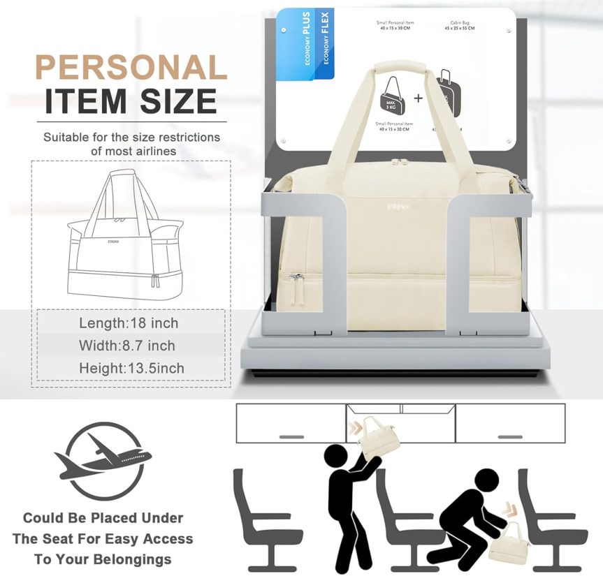 Gym Bag for Women, Personal Item Travel Bag with Shoes Compartment, Weekender Overnight Duffel Bag with Wet Pocket & USB Charging Port, Carry On Bag for Women, Travel, Gym, Weekend (Beige) - Image 2