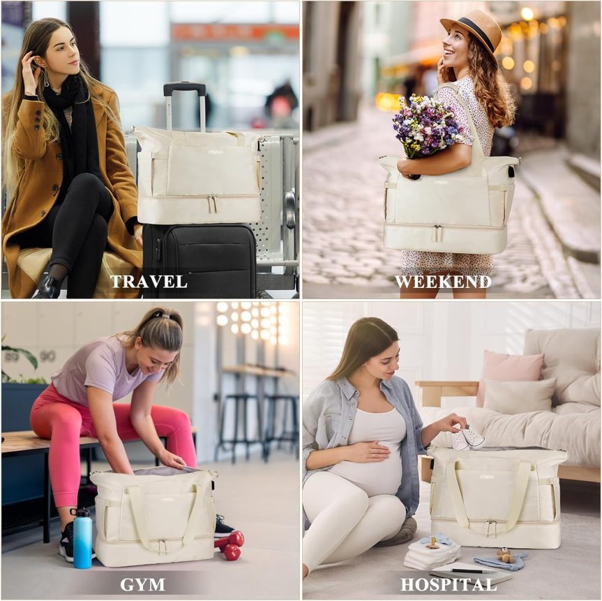 Gym Bag for Women, Personal Item Travel Bag with Shoes Compartment, Weekender Overnight Duffel Bag with Wet Pocket & USB Charging Port, Carry On Bag for Women, Travel, Gym, Weekend (Beige) - Image 3
