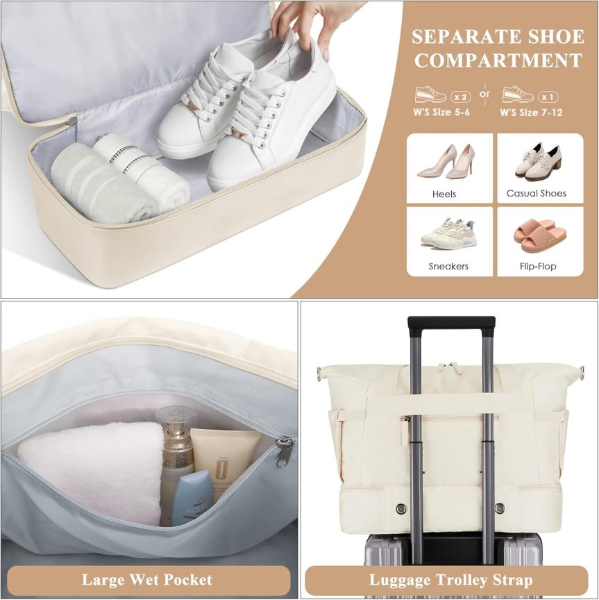 Gym Bag for Women, Personal Item Travel Bag with Shoes Compartment, Weekender Overnight Duffel Bag with Wet Pocket & USB Charging Port, Carry On Bag for Women, Travel, Gym, Weekend (Beige) - Image 4