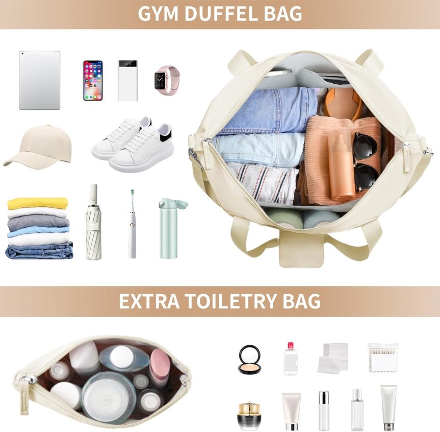 Gym Bag for Women, Personal Item Travel Bag with Shoes Compartment, Weekender Overnight Duffel Bag with Wet Pocket & USB Charging Port, Carry On Bag for Women, Travel, Gym, Weekend (Beige) - Image 5