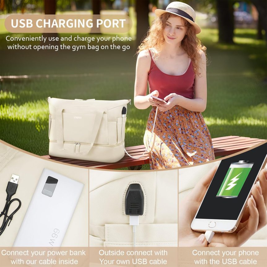 Gym Bag for Women, Personal Item Travel Bag with Shoes Compartment, Weekender Overnight Duffel Bag with Wet Pocket & USB Charging Port, Carry On Bag for Women, Travel, Gym, Weekend (Beige) - Image 6
