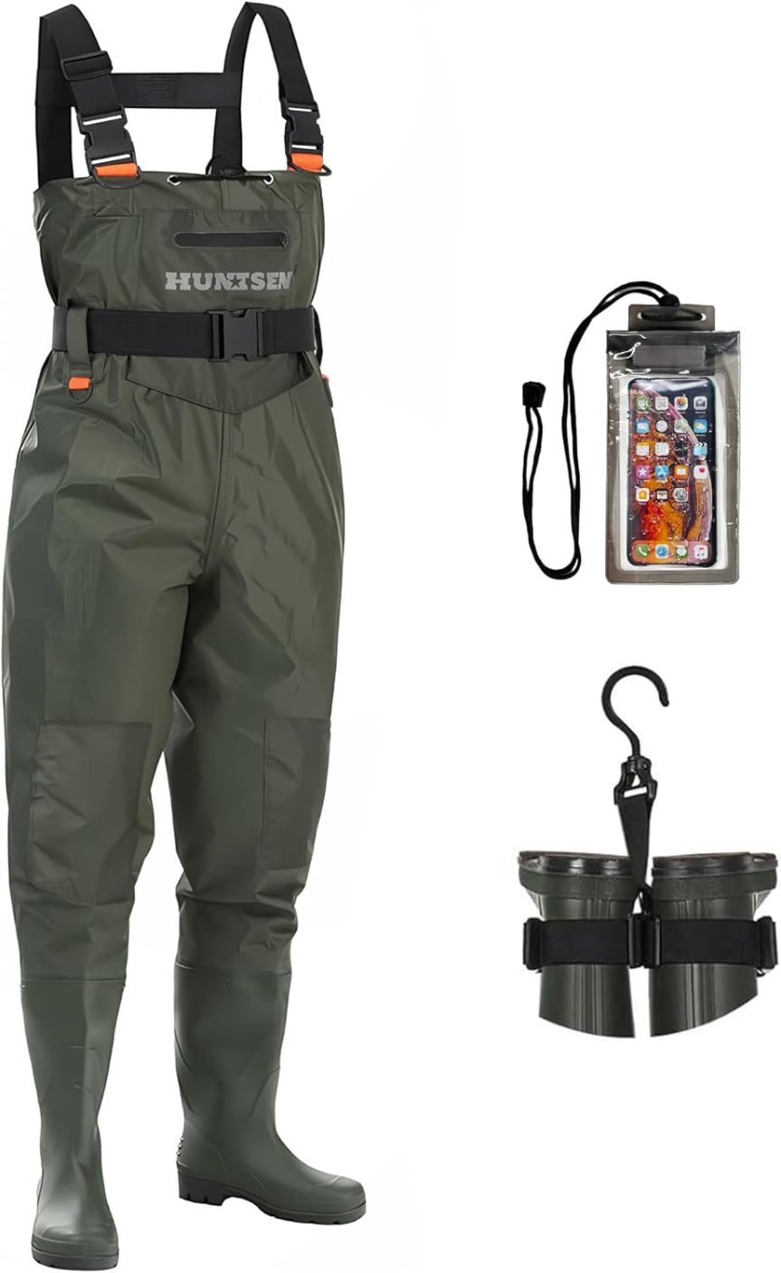Fishing Waders for Men Women - 2-Ply Nylon/PVC Waterproof Hunting Chest Waders with Boot Hanger&Phone Case, Size10-12