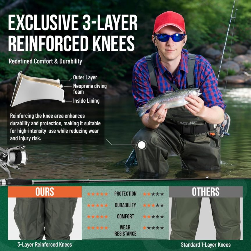 Fishing Waders for Men Women - 2-Ply Nylon/PVC Waterproof Hunting Chest Waders with Boot Hanger&Phone Case, Size10-12 - Image 4