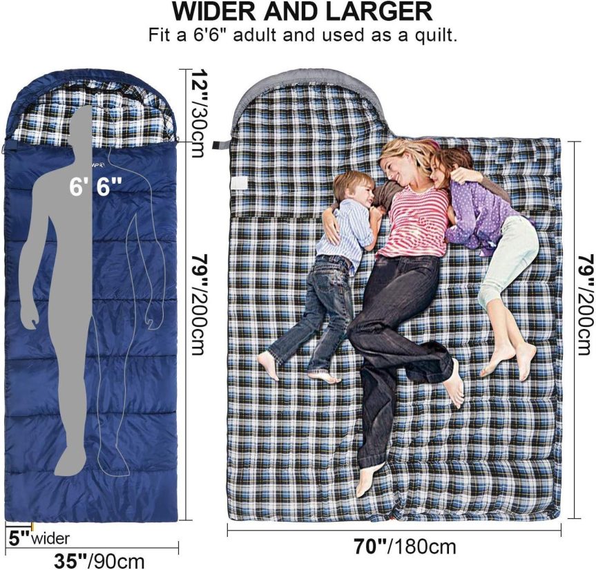 REDCAMP Flannel Sleeping Bag for Adults, Comfortable Cotton Sleeping Bags for Camping with Detachable Hood, Red/Grey/Blue - Image 2