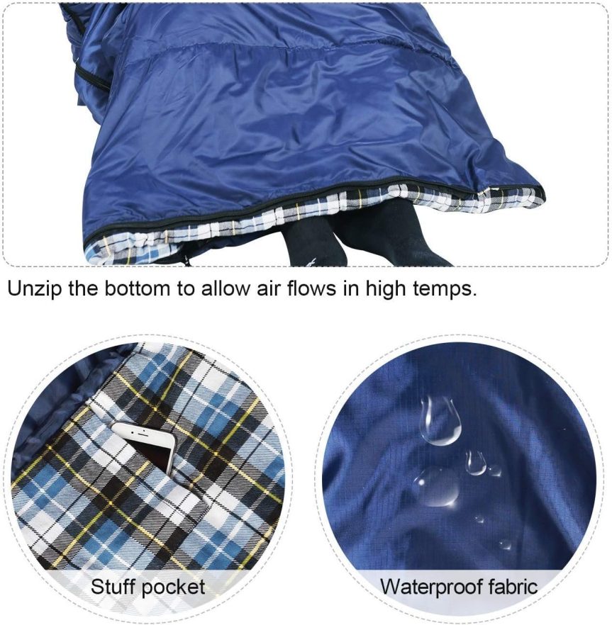 REDCAMP Flannel Sleeping Bag for Adults, Comfortable Cotton Sleeping Bags for Camping with Detachable Hood, Red/Grey/Blue - Image 7